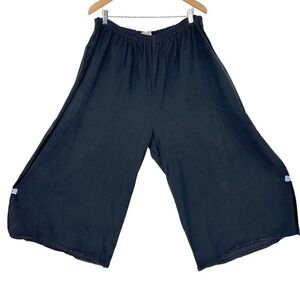 Wms XL Black Wide Leg Harem Pants Cropped Button Hem Gauze Lagenlook Beach